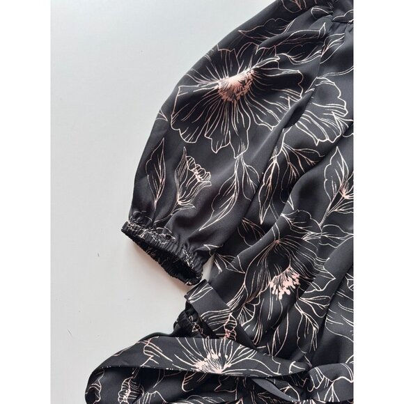 JOIE Macie Black Floral Print Satin Puff Sleeve Wrap Peplum Blouse, Size XXS - Picture 4 of 8